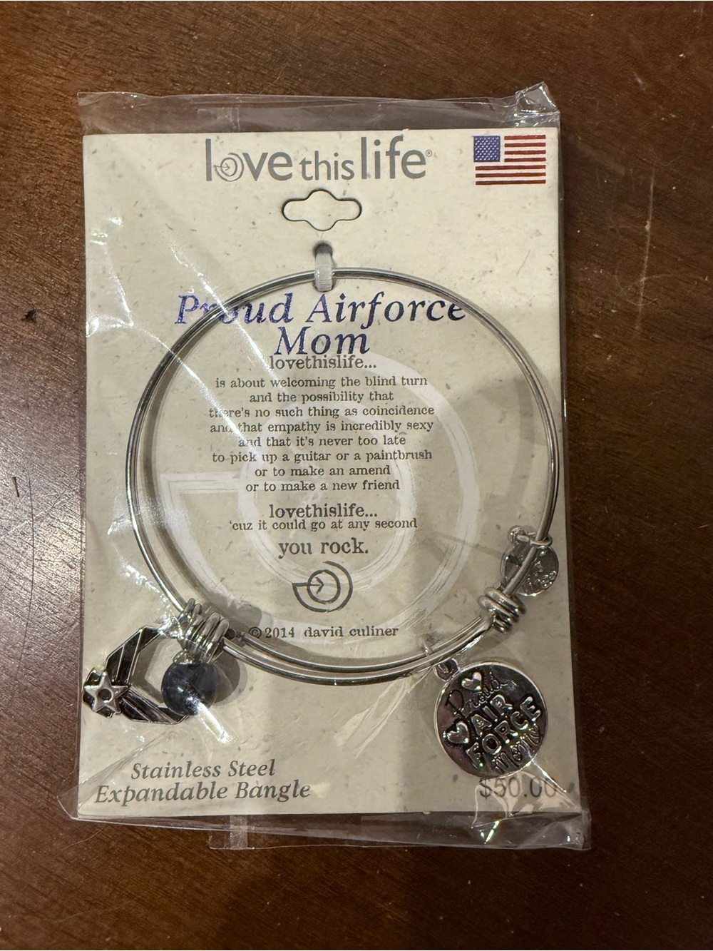 Love This Life "Proud Airforce Mom" Stainless Steel Expandable Bangle - Silver